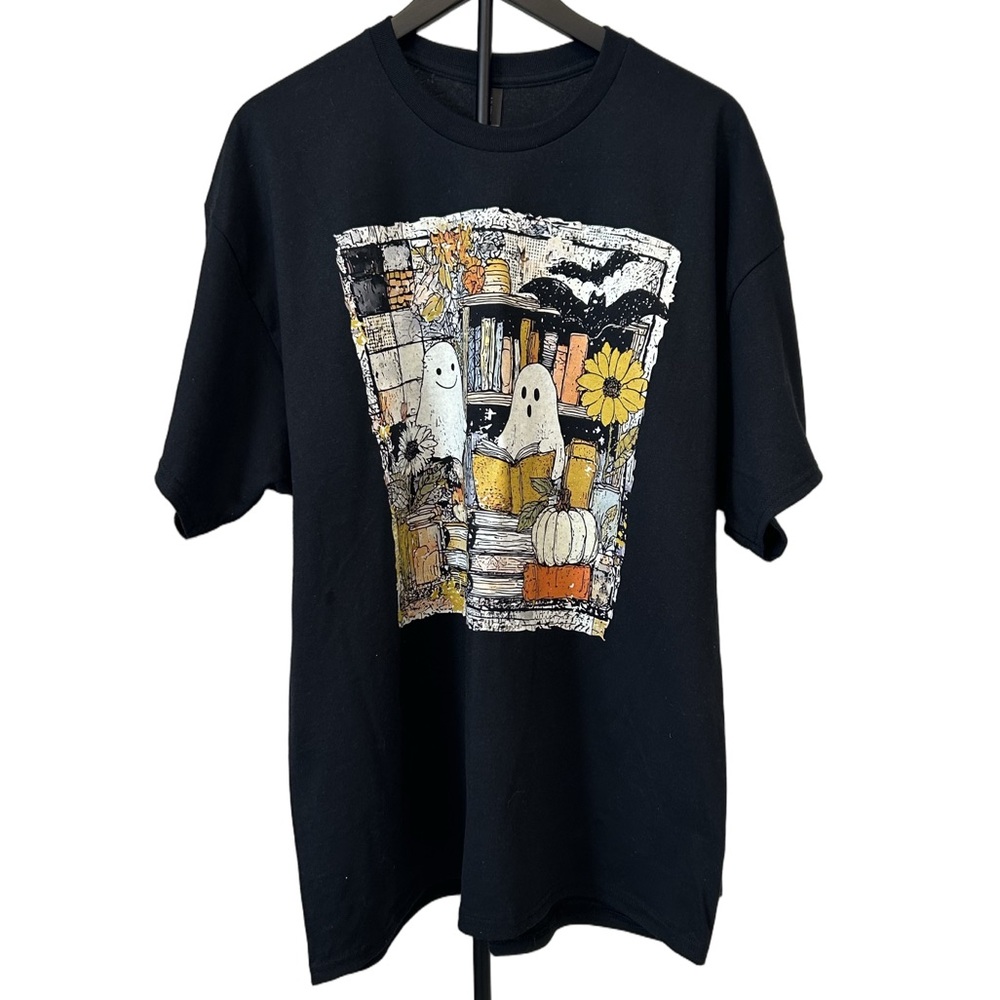 Black Ghosts & Books Graphic Tee 2X | Gildan 100% Cotton | NWT - No Tags - Picture 2 of 6